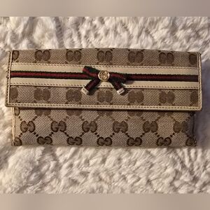 Gucci GG Monogram Long Continental Wallet Beige w Bow